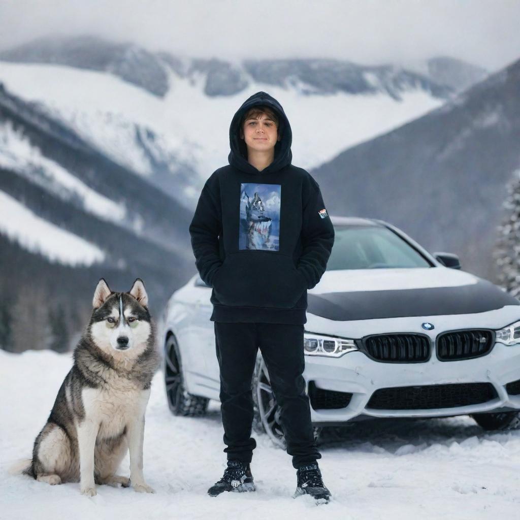 A boy in a feather hoodie, standing alongside a Husky dog in a snowy mountain backdrop. Both are next to a BMW M4 with the personalized license plate 'Osama'.