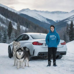 A boy in a feather hoodie, standing alongside a Husky dog in a snowy mountain backdrop. Both are next to a BMW M4 with the personalized license plate 'Osama'.