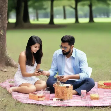 The love-struck couple went on a romantic picnic and brought a power pack to charge their electronic devices.