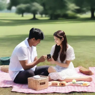 The love-struck couple went on a romantic picnic and brought a power pack to charge their electronic devices.