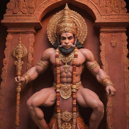 A majestic image of Lord Hanuman in the breathtaking Ram Mandir in Uttar Pradesh, beautifully illuminated with striking colors and intricate details.