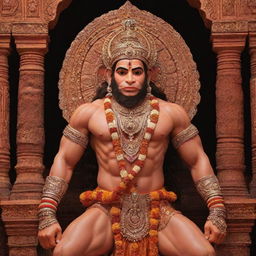 A majestic image of Lord Hanuman in the breathtaking Ram Mandir in Uttar Pradesh, beautifully illuminated with striking colors and intricate details.