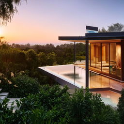 A luxurious modern house with large glass windows, an infinity pool, and a lush garden at sunset.