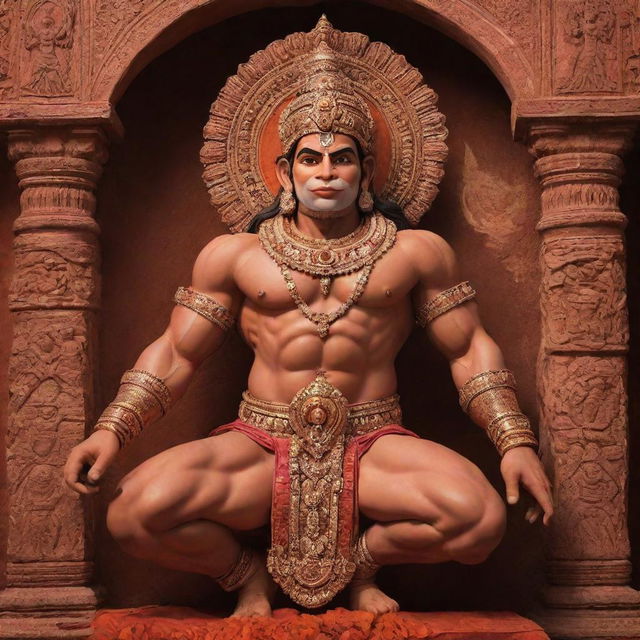 A majestic image of Lord Hanuman in the breathtaking Ram Mandir in Uttar Pradesh, beautifully illuminated with striking colors and intricate details.