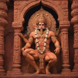 A majestic image of Lord Hanuman in the breathtaking Ram Mandir in Uttar Pradesh, beautifully illuminated with striking colors and intricate details.