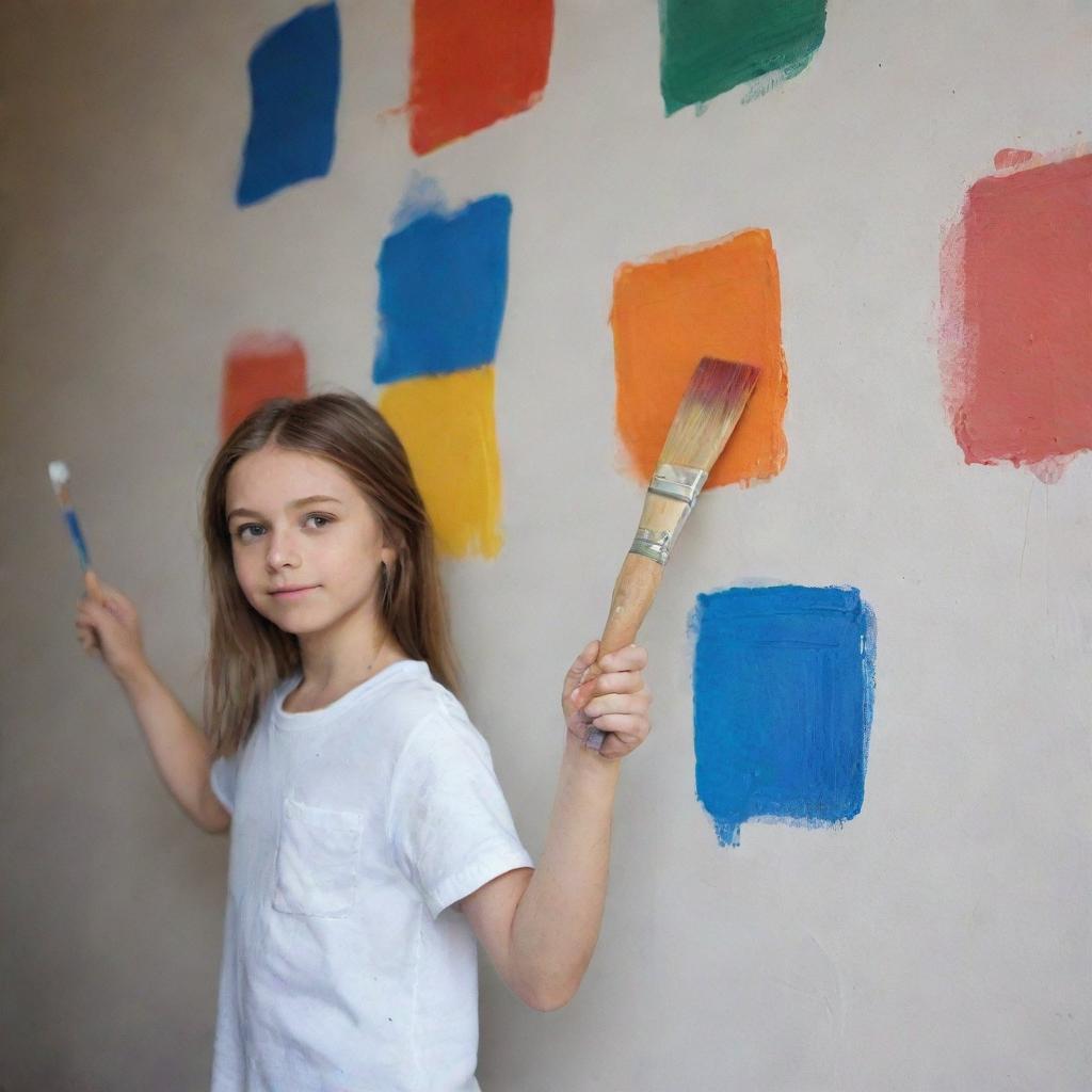 A young girl actively engaged in painting a large wall, holding a paintbrush and a colorful palette in her hands