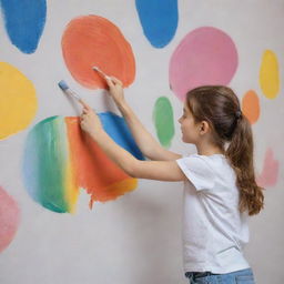 A young girl actively engaged in painting a large wall, holding a paintbrush and a colorful palette in her hands