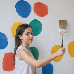 A young girl actively engaged in painting a large wall, holding a paintbrush and a colorful palette in her hands