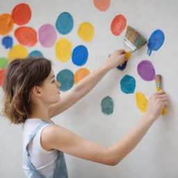 A young girl actively engaged in painting a large wall, holding a paintbrush and a colorful palette in her hands