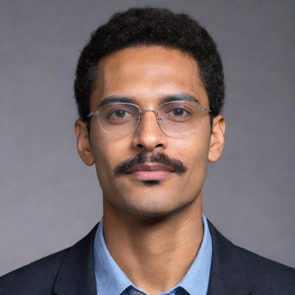 A medium-skinned slim man of 5 feet 7 inches tall, sporting a small mustache and wearing rectangle-shaped transparent glasses.