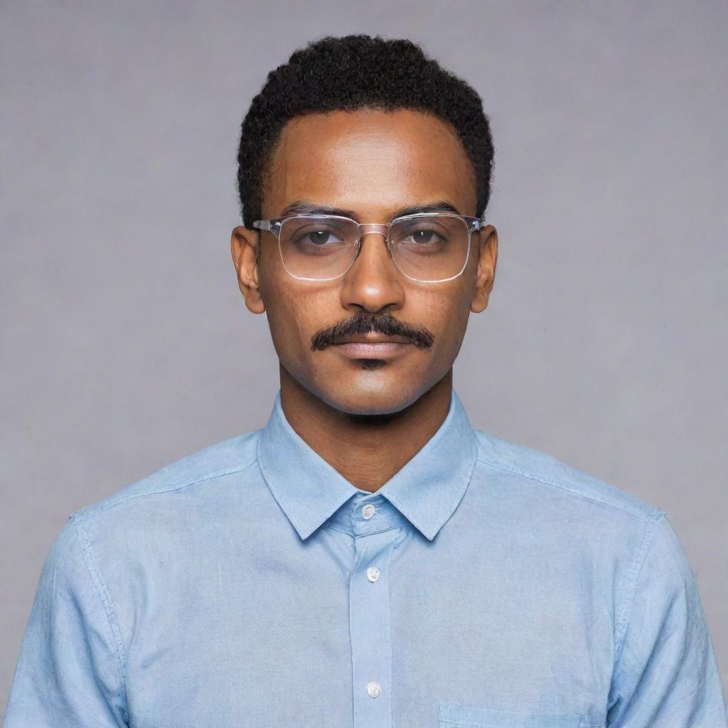 A medium-skinned slim man of 5 feet 7 inches tall, sporting a small mustache and wearing rectangle-shaped transparent glasses.