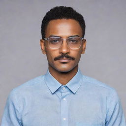 A medium-skinned slim man of 5 feet 7 inches tall, sporting a small mustache and wearing rectangle-shaped transparent glasses.