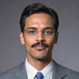 A medium-skinned slim man of 5 feet 7 inches tall, sporting a small mustache and wearing rectangle-shaped transparent glasses.