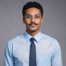 A medium-skinned slim man of 5 feet 7 inches tall, sporting a small mustache and wearing rectangle-shaped transparent glasses.