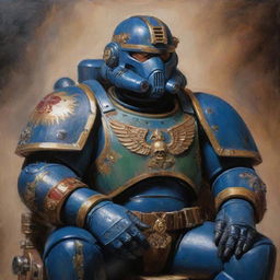 Create a traditional oil painting showcasing a stern, aged Ultra Space Marine Commander with his helmet in his lap. His chest is adorned with numerous medals narrating his bravery in battles.