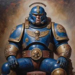 Create a traditional oil painting showcasing a stern, aged Ultra Space Marine Commander with his helmet in his lap. His chest is adorned with numerous medals narrating his bravery in battles.