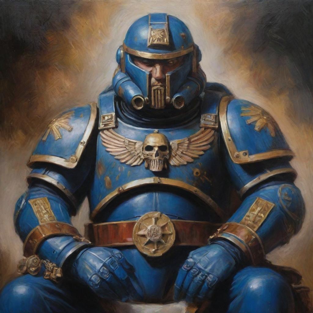 Create a traditional oil painting showcasing a stern, aged Ultra Space Marine Commander with his helmet in his lap. His chest is adorned with numerous medals narrating his bravery in battles.