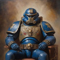 Create a traditional oil painting showcasing a stern, aged Ultra Space Marine Commander with his helmet in his lap. His chest is adorned with numerous medals narrating his bravery in battles.