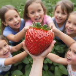 A large, vibrant strawberry surrounded by excited children eagerly reaching out to touch its glossy surface.