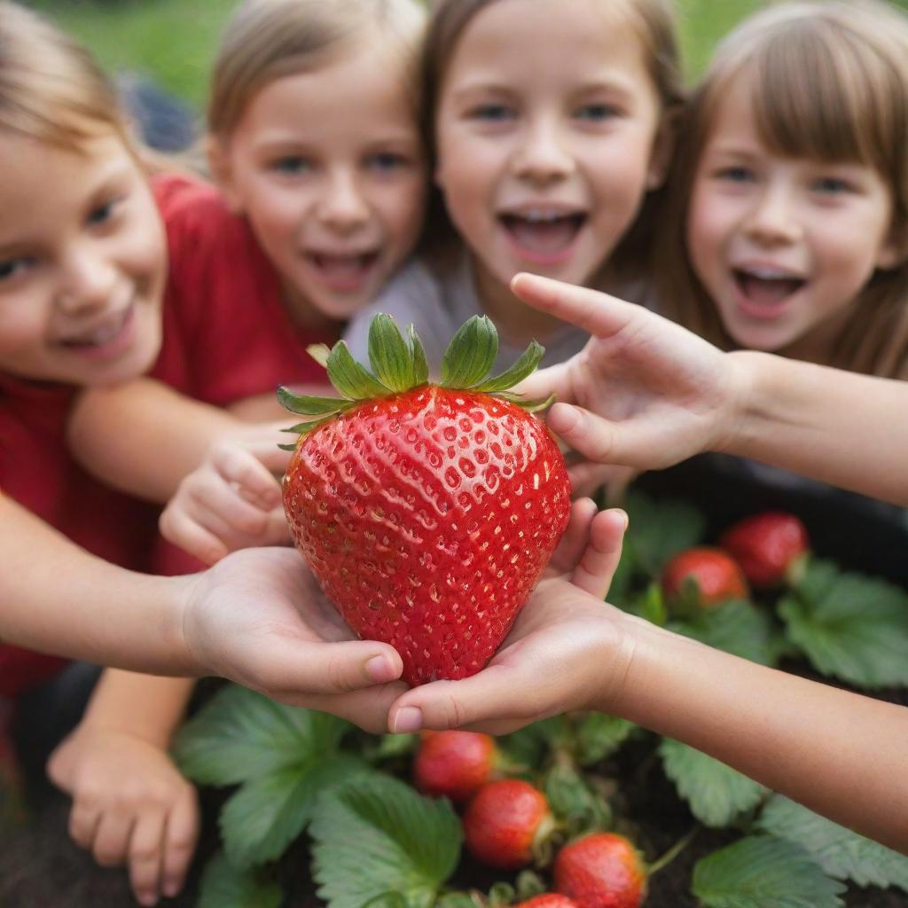 A large, vibrant strawberry surrounded by excited children eagerly reaching out to touch its glossy surface.