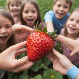 A large, vibrant strawberry surrounded by excited children eagerly reaching out to touch its glossy surface.