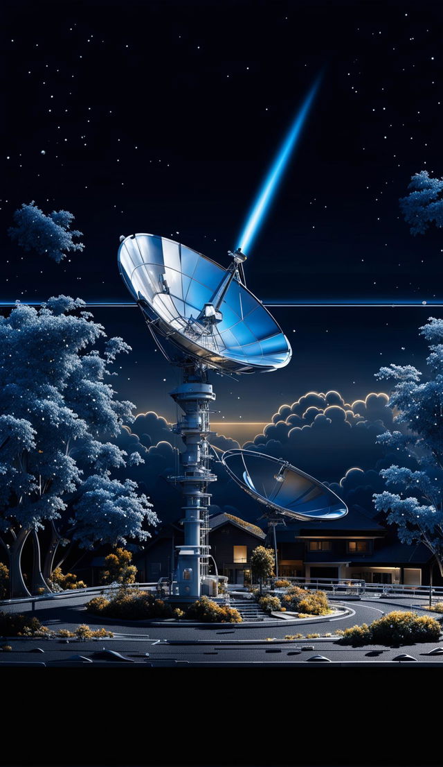 Detailed satellite in space transmitting signal to Earth-bound dish amidst natural landscape.