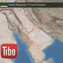 Generate a YouTube thumbnail featuring text detailing the total cost of road travel from Pakistan to Iran. Incorporate imagery of road maps, currency, and landmarks from both countries.