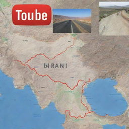 Generate a YouTube thumbnail featuring text detailing the total cost of road travel from Pakistan to Iran. Incorporate imagery of road maps, currency, and landmarks from both countries.