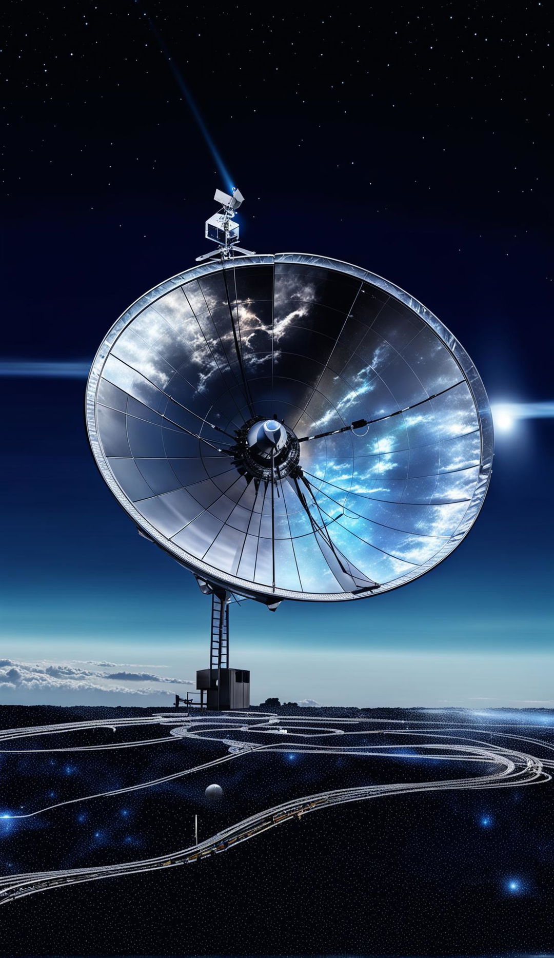 Detailed satellite in space transmitting signal to Earth-bound dish with 'Washington Dish Installation Services' written across the top.