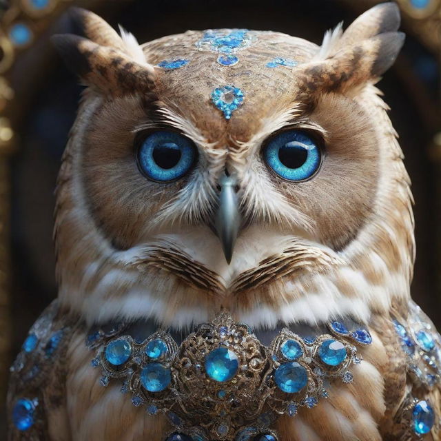 A photorealistic, digitally painted owl with stunning blue eyes, adorned with elaborate ornate jewelry. Also present is a beautiful, detailed goddess, all rendered in Unreal Engine with global illumination. Motion graphics effects should follow the style trending on CGSociety.