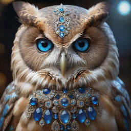 A photorealistic, digitally painted owl with stunning blue eyes, adorned with elaborate ornate jewelry. Also present is a beautiful, detailed goddess, all rendered in Unreal Engine with global illumination. Motion graphics effects should follow the style trending on CGSociety.