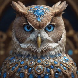 A photorealistic, digitally painted owl with stunning blue eyes, adorned with elaborate ornate jewelry. Also present is a beautiful, detailed goddess, all rendered in Unreal Engine with global illumination. Motion graphics effects should follow the style trending on CGSociety.