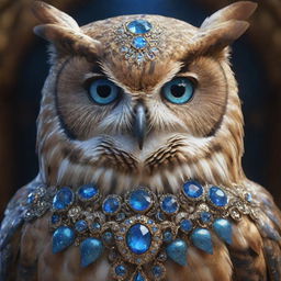 A photorealistic, digitally painted owl with stunning blue eyes, adorned with elaborate ornate jewelry. Also present is a beautiful, detailed goddess, all rendered in Unreal Engine with global illumination. Motion graphics effects should follow the style trending on CGSociety.