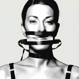 A tastefully done digital art image featuring a woman with a tape gag