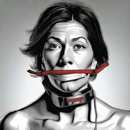 A tastefully done digital art image featuring a woman with a tape gag