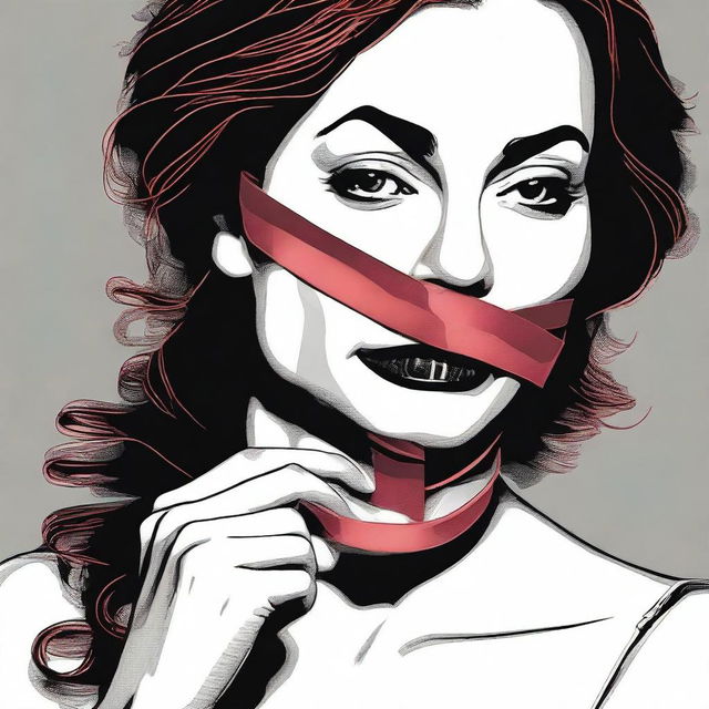 A tastefully done digital art image featuring a woman with a tape gag