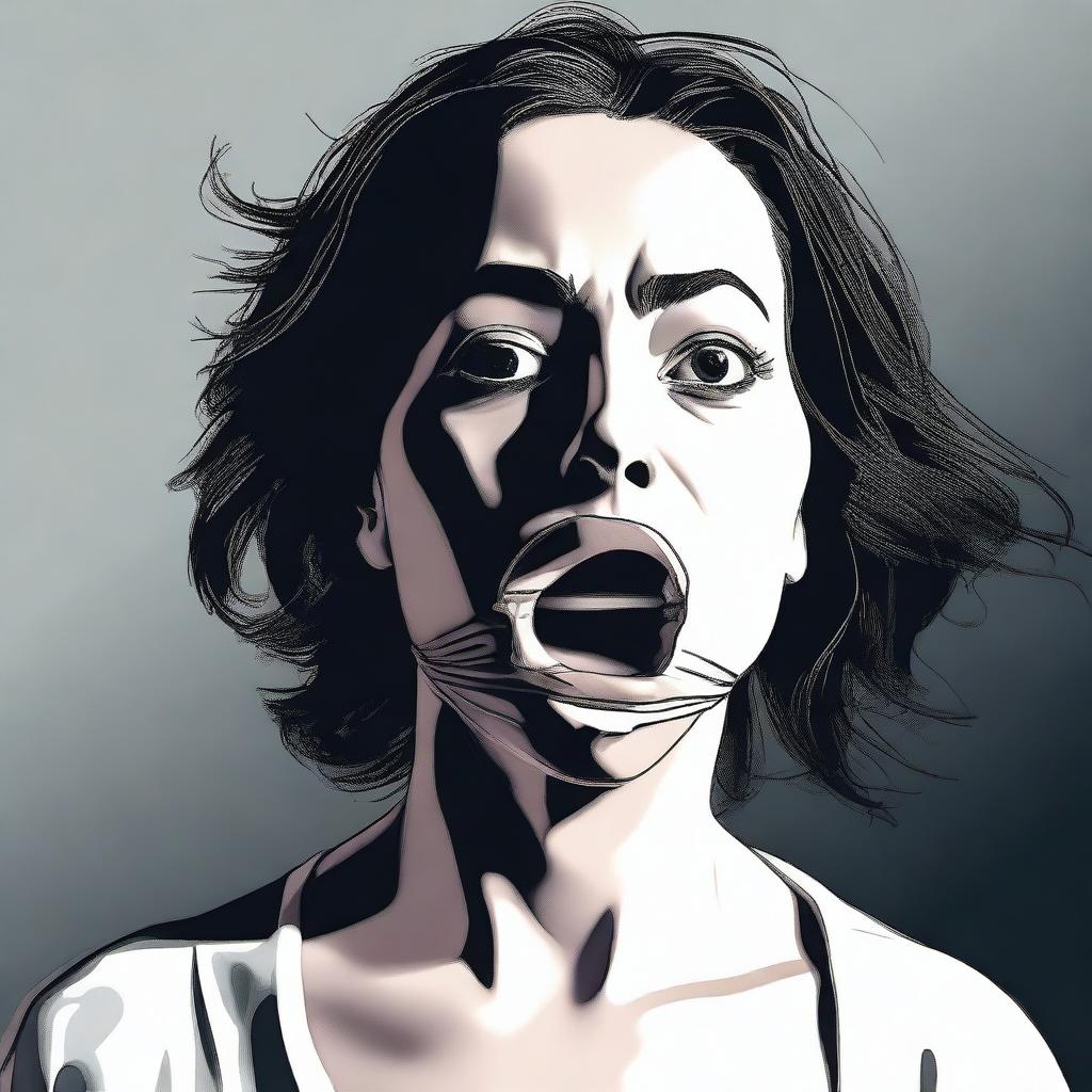 A high-quality digital art image depicting a dramatic scene in which a woman appears to be gagged