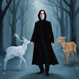 Illustration of Severus Snape, his silver doe Patronus, and a memory-filled scene of his childhood with Lily Evans.