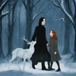 Illustration of Severus Snape, his silver doe Patronus, and a memory-filled scene of his childhood with Lily Evans.