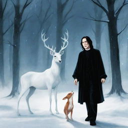 Illustration of Severus Snape, his silver doe Patronus, and a memory-filled scene of his childhood with Lily Evans.