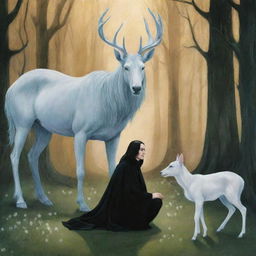 Illustration of Severus Snape, his silver doe Patronus, and a memory-filled scene of his childhood with Lily Evans.