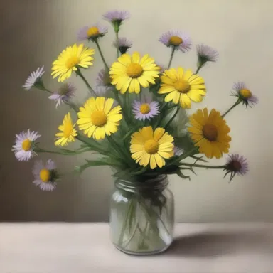 The artist painted a beautiful still life of a bouquet of fleabane flowers, capturing their yellowish hue and delicate petals.