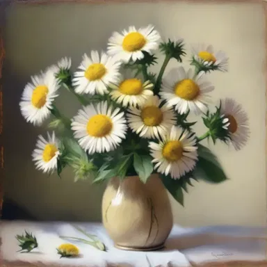 The artist painted a beautiful still life of a bouquet of fleabane flowers, capturing their yellowish hue and delicate petals.