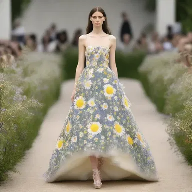 The fashion designer showcased a collection inspired by wildflowers, featuring a stunning dress adorned with fleabane petals.