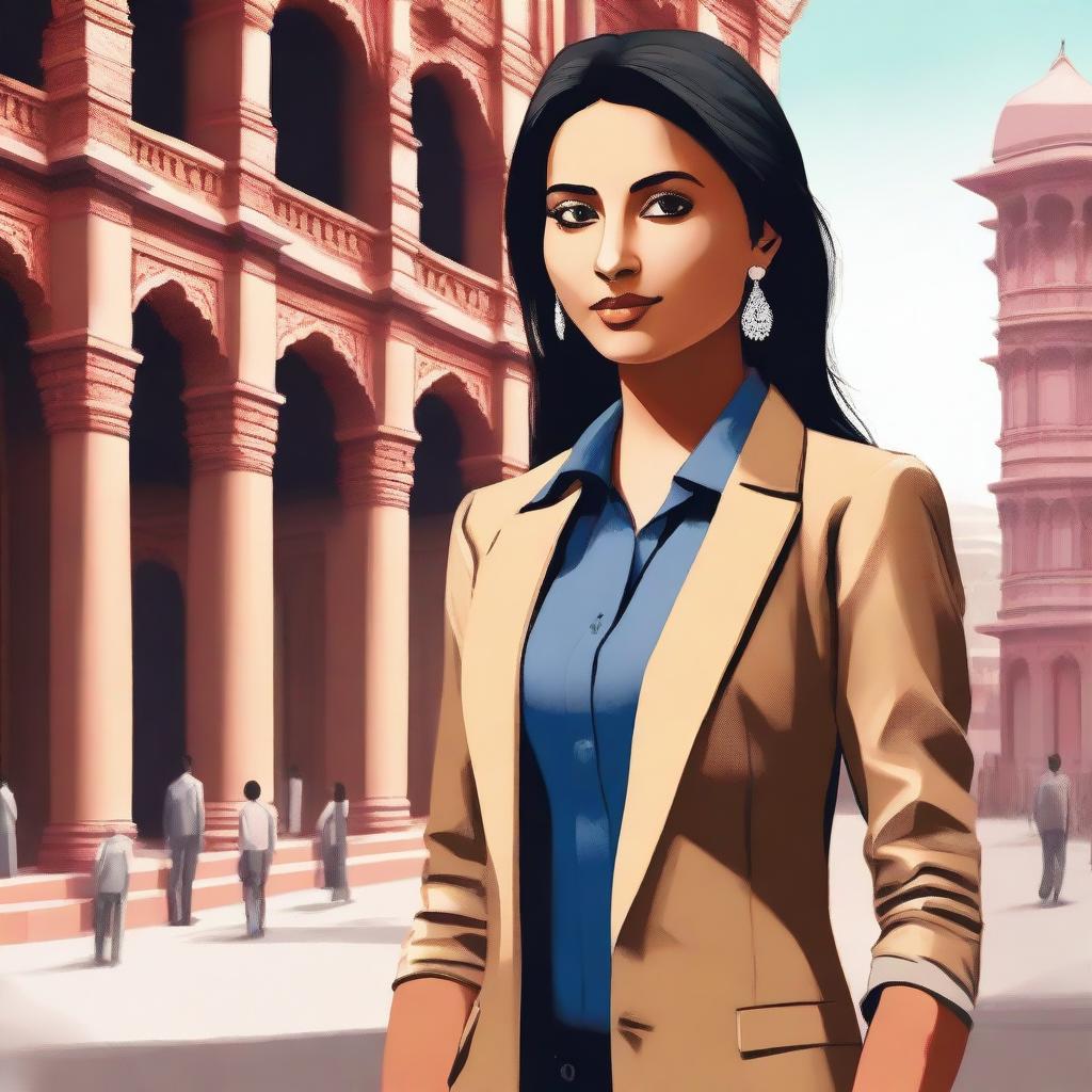 A high-quality digital art image of a young Indian businesswoman in Delhi