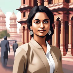 A high-quality digital art image of a young Indian businesswoman in Delhi