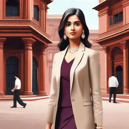 A high-quality digital art image of a young Indian businesswoman in Delhi