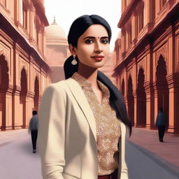 A high-quality digital art image of a young Indian businesswoman in Delhi