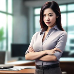 A digital art image of an Asian woman in an office setting