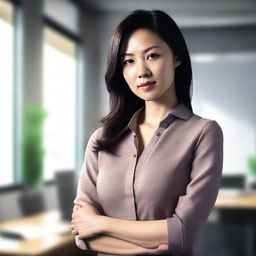 A digital art image of an Asian woman in an office setting